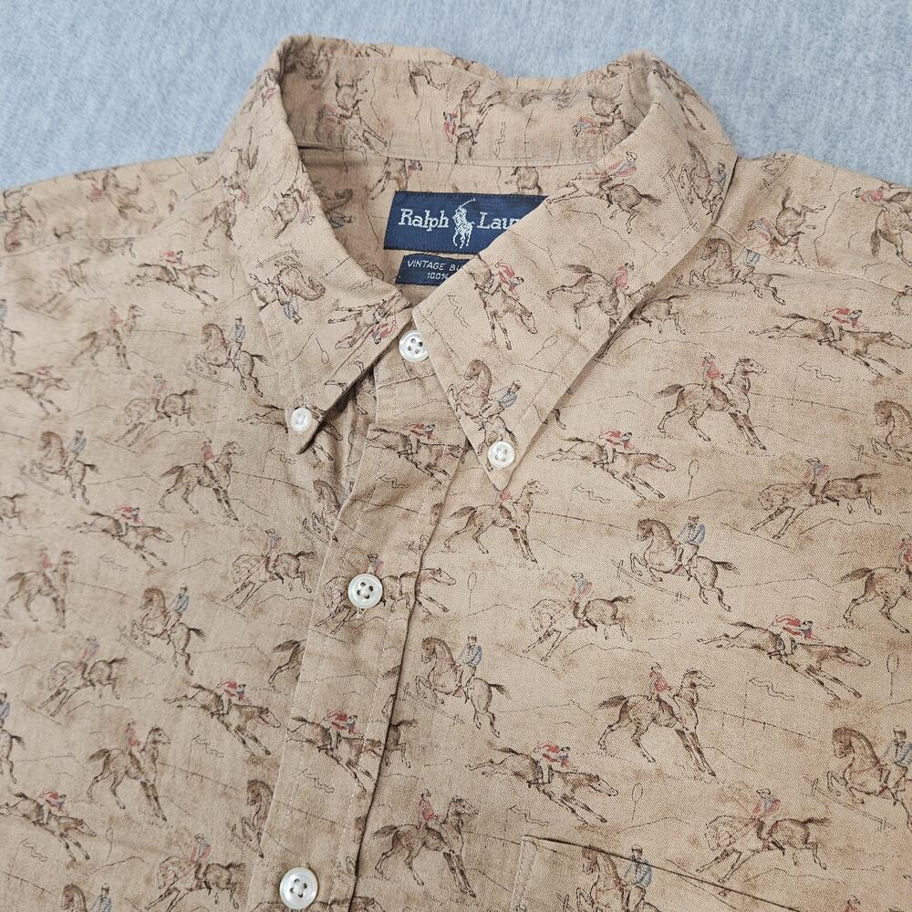 Ralph Lauren Shirt Mens L Beige Vintage Button down Equestrian Horse Print